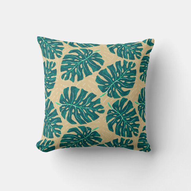 Tropical Palm Teal Beige Throw Pillow (Front)