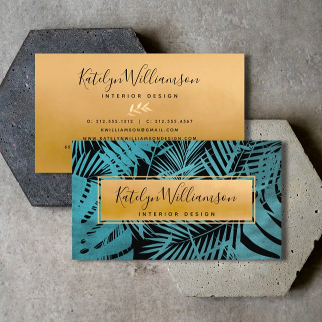 Tropical palm teal gold elegant script typography business card (Creator Uploaded)