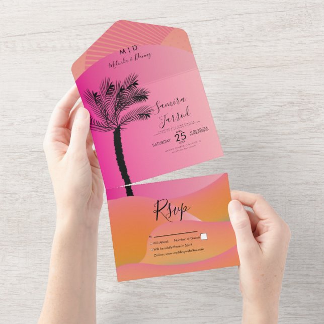 Tropical Palm Tree Abstract Wedding  Pink  All In One Invitation (Tearaway)