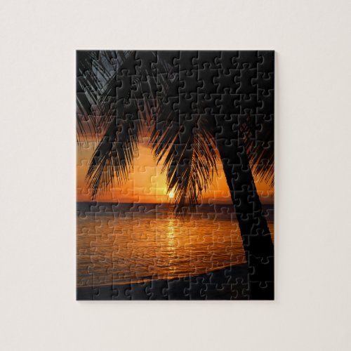 Tropical Palm Tree and Beach at Sunset Jigsaw Puzzle