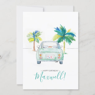 Tropical Palm Tree and Car Watercolor Birthday Car Card