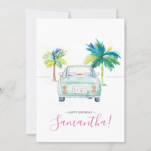 Tropical Palm Tree and Car Watercolor Birthday Car Card