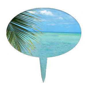 Tropical palm tree and ocean on beach cake topper