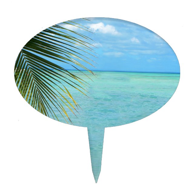 Tropical palm tree and ocean on beach cake topper (Front)