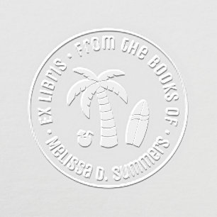 Tropical Palm Tree and Surfboard Bookplate Embosser