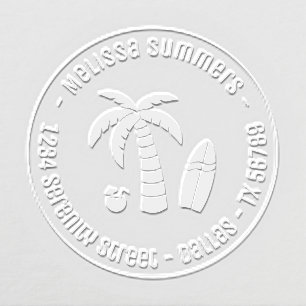 Tropical Palm Tree and Surfboard Round Address Embosser