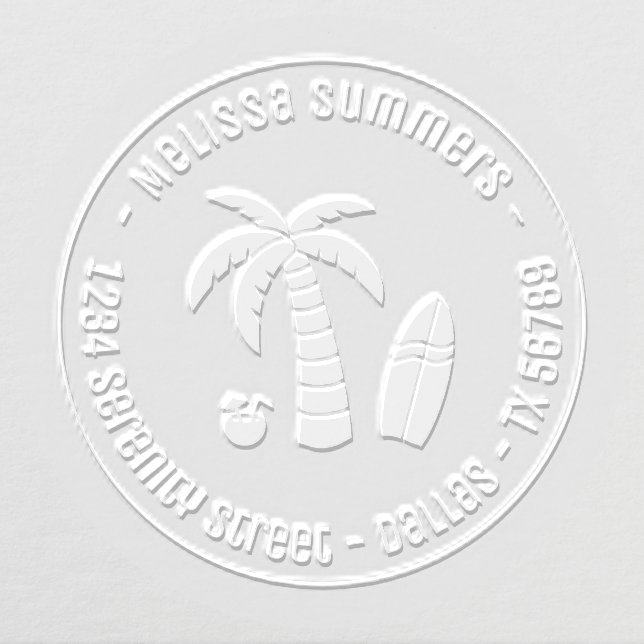 Tropical Palm Tree and Surfboard Round Address Embosser (Design)