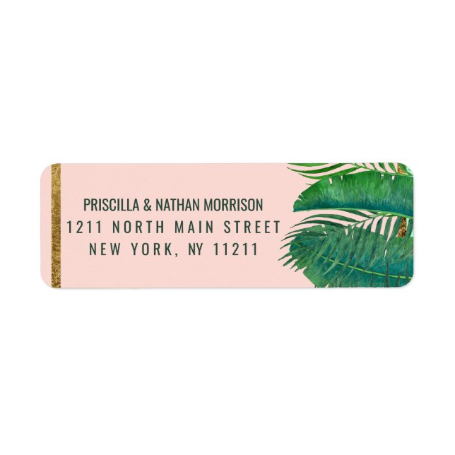 Tropical Palm Tree Banana Leaf Gold Address Label (Front)