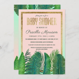 Tropical Palm Tree Banana Leaf Gold Baby Shower Invitation