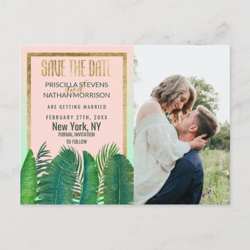 Tropical Palm Tree Banana Leaf Gold Save the Date Postcard