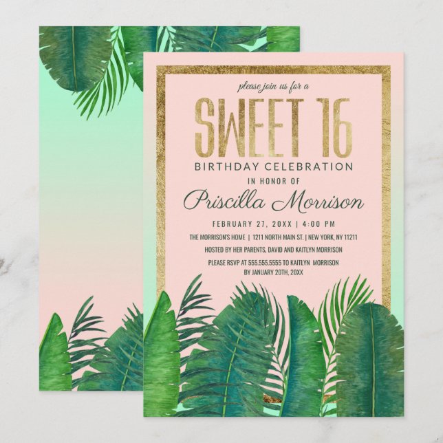 Tropical Palm Tree Banana Leaf Gold Sweet 16 Invitation (Front/Back)