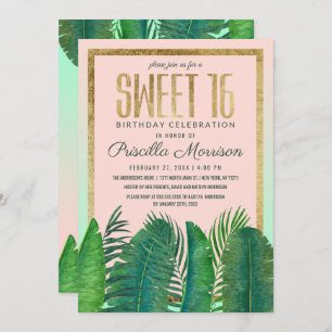 Tropical Palm Tree Banana Leaf Gold Sweet 16 Invitation