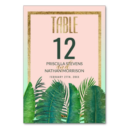 Tropical Palm Tree Banana Leaf Gold Table Number