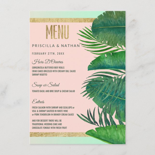 Tropical Palm Tree Banana Leaf Gold Wedding Menu (Front)