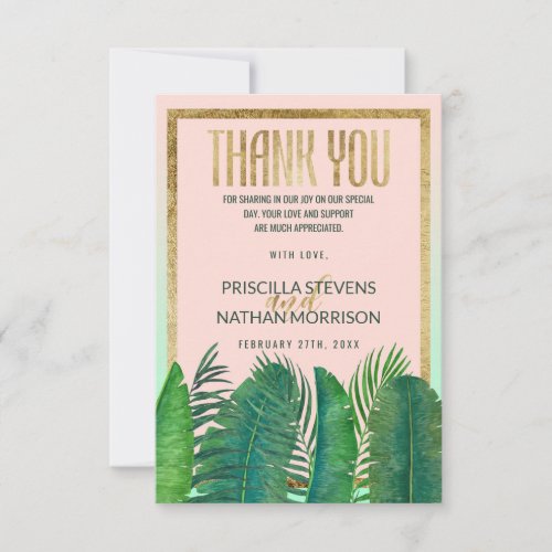 Tropical Palm Tree Banana Leaf Gold Wedding Thank You Card