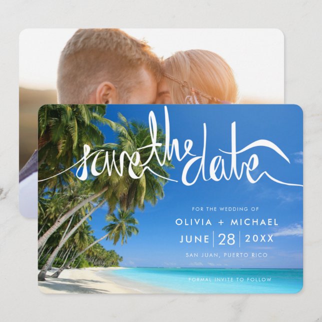 Tropical Palm Tree Beach Destination Wedding Photo Save The Date (Front/Back)