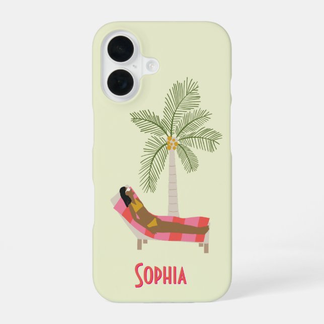 Tropical Palm Tree Beach Girl Personalized Name iPhone Case (Back)