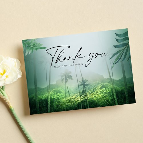 Tropical Palm Tree Beach Green Destination Wedding Thank You Card