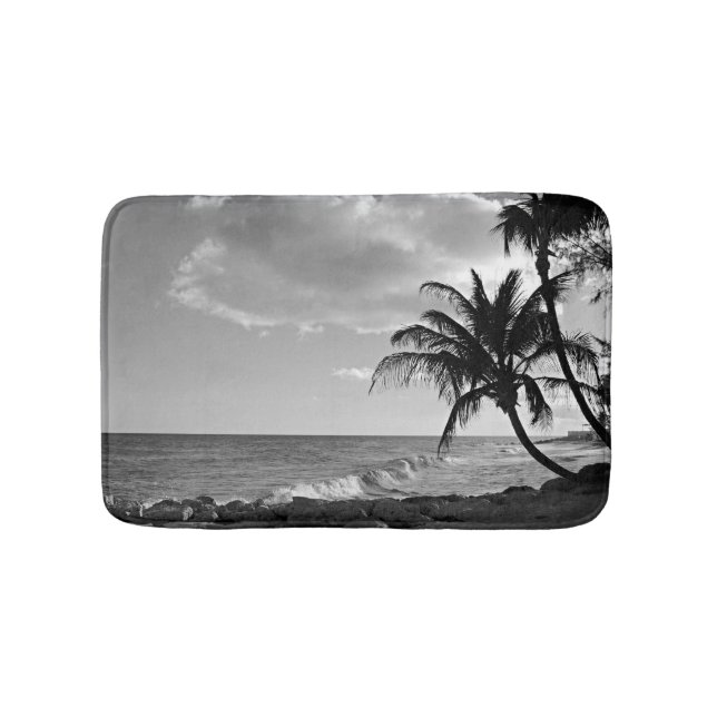 Tropical palm tree beach in black and white bathroom mat (Front)