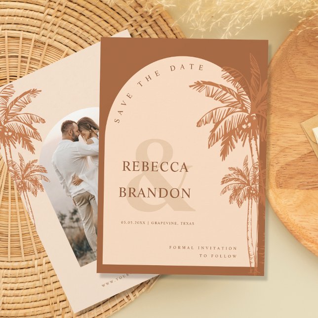 Tropical Palm Tree Beach Photo Terracotta Wedding Save The Date (Creator Uploaded)