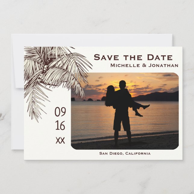 Tropical Palm Tree Beach Photo Wedding Save The Date (Front)