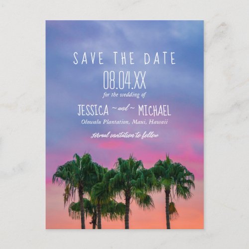 Tropical Palm Tree Beach Sunset Save the Dates Announcement Postcard