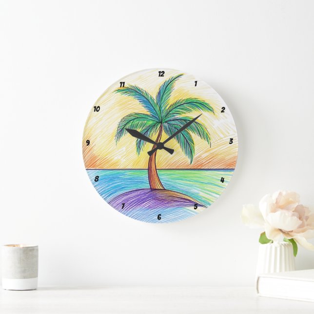Tropical Palm Tree Beach View  Large Clock (Home)