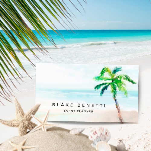 Tropical Palm Tree Beach Watercolor  Business Card