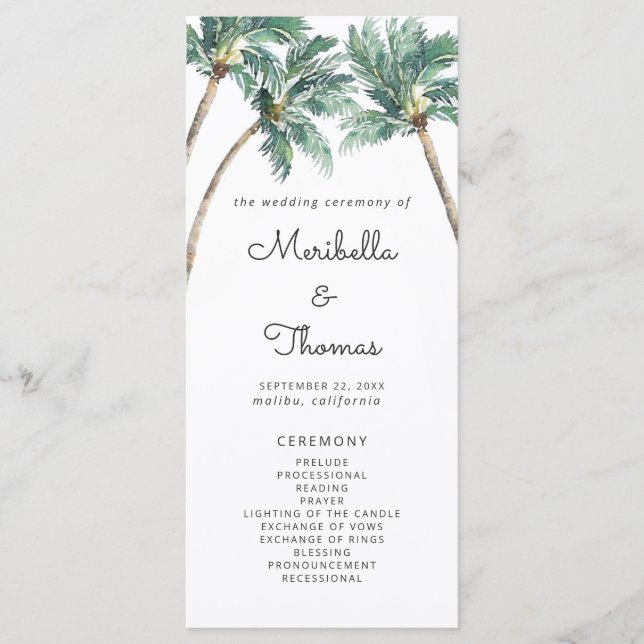 Tropical Palm Tree Beach Watercolor Wedding  Program (Front)