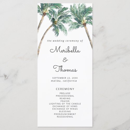 Tropical Palm Tree Beach Watercolor Wedding  Program