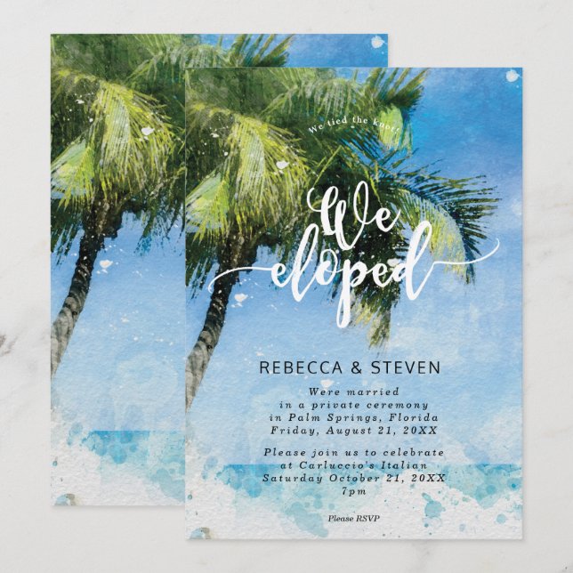 tropical palm tree beach we eloped invitation (Front/Back)