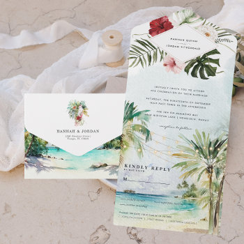 Tropical Palm Tree Beach Wedding All In One Invitation by IYHTVDesigns at Zazzle