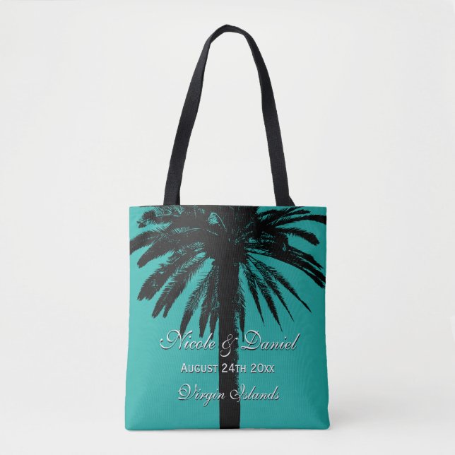 Tropical palm tree beach wedding destination bride tote bag (Front)