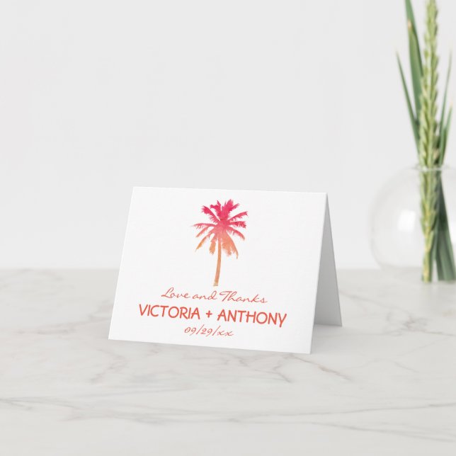 Tropical Palm Tree Beach Wedding Letterpress Thank You Card (Front)
