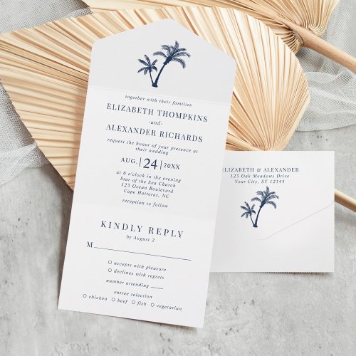Tropical Palm Tree Beach Wedding Navy Blue All In One Invitation