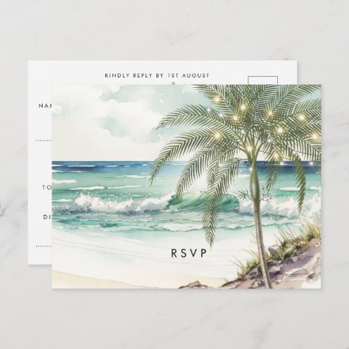 tropical palm tree beach wedding rsvp postcard
