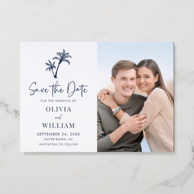 Tropical Palm Tree Beach Wedding Save The Date  Letterpress Photo Cards (Front)
