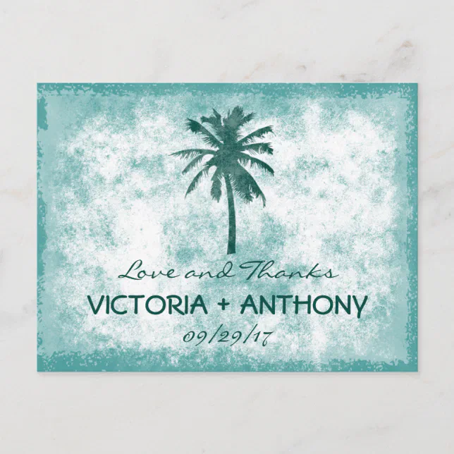 Tropical Palm Tree Beach Wedding Thank You Postcard | Zazzle