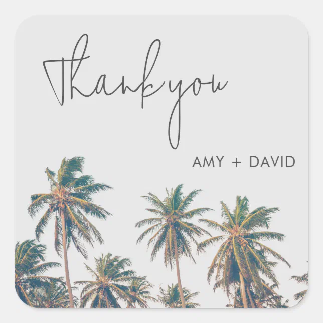 Tropical Palm Tree Beach Wedding Thank You Square Sticker | Zazzle
