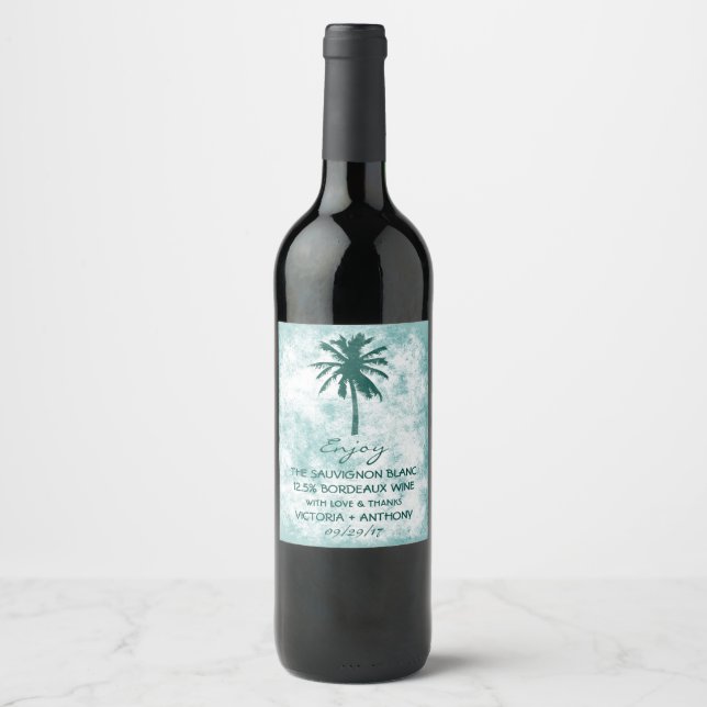 Tropical Palm Tree Beach Wedding Thank You Wine Label (Front)