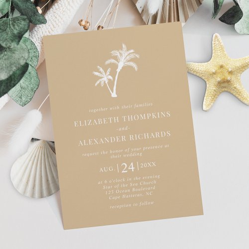 Tropical Palm Tree Beige Beach Sand Wedding Invitation