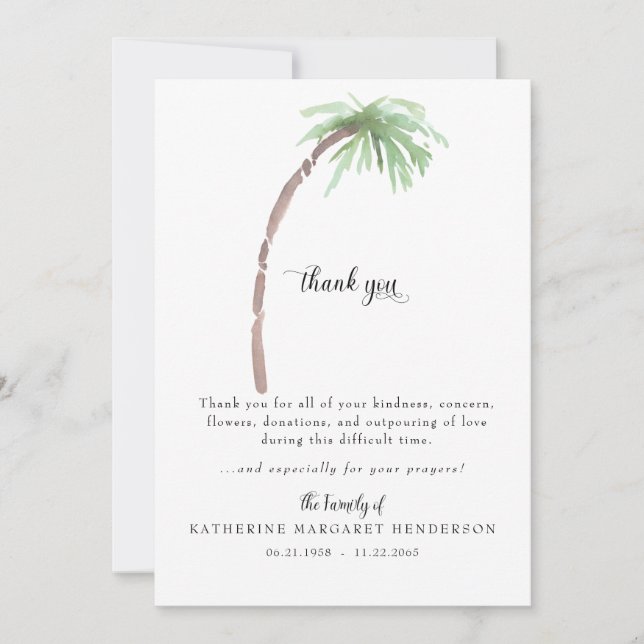 Tropical Palm Tree Bereavement Funeral Thank You Card (Front)