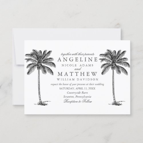 Tropical Palm Tree Black and White Wedding Card