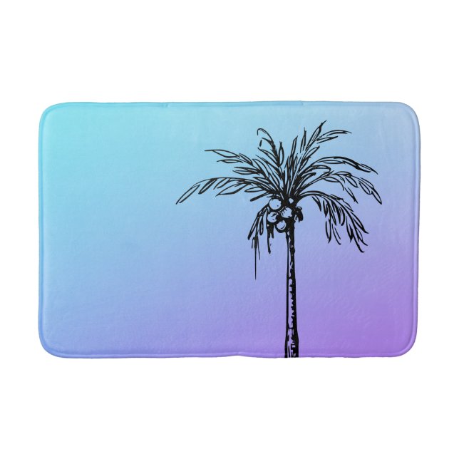 Tropical Palm Tree Black Blue Purple Bath Mat (Front)