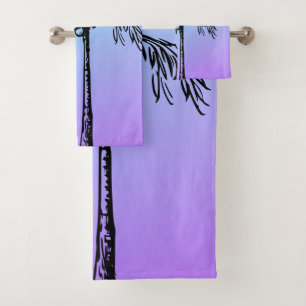 Tropical Palm Tree Black Blue Purple Sky Bath Towel Set