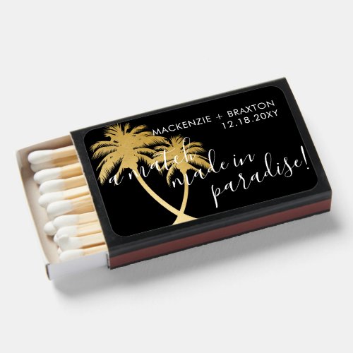 Tropical Palm Tree Black Gold Wedding Favor Matchboxes