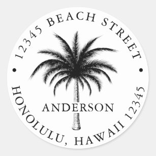 Tropical Palm Tree Black & White Return Address Classic Round Sticker