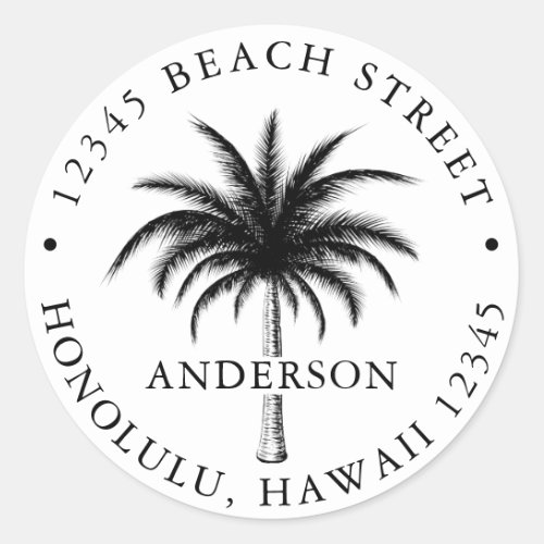 Tropical Palm Tree Black  White Return Address Classic Round Sticker