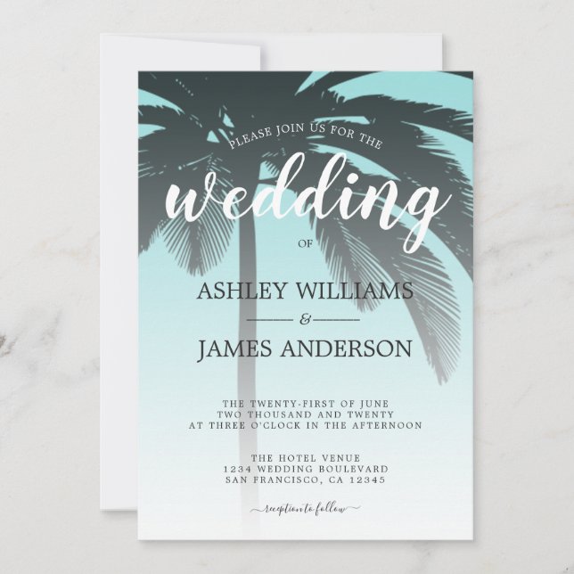 Tropical Palm Tree Blue Beach Wedding Invitation (Front)