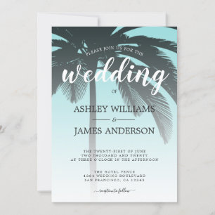 Tropical Palm Tree Blue Beach Wedding Invitation
